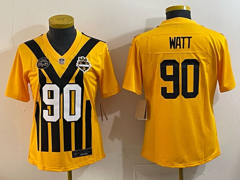 Women 2025 Nike Pittsburgh Steelers 90 Watt Yellow Limited NFL Jersey style 041
